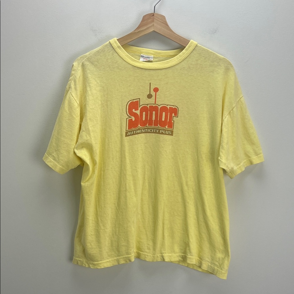 Vintage Sonor Drums Single Stitch T Shirt Champion Yellow Youth Boys XL Cotton